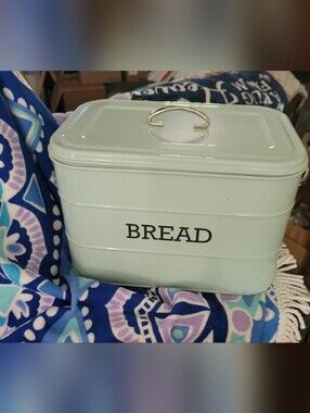 Mint Green Metal Bread Box with Silver Handle
